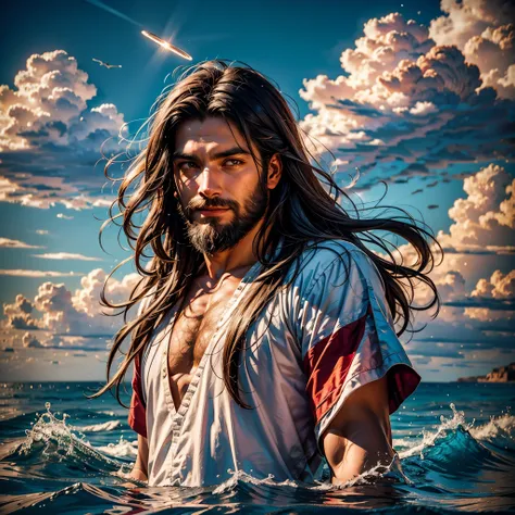 sunset spacious sunrise sunshine, a handsome god jesus christ ( jesus) blessing to the sky 35 years old with a long brown hair a...