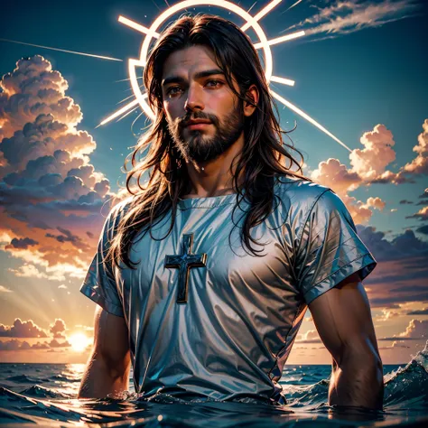 sunset spacious sunrise sunshine, a handsome god jesus christ ( jesus) blessing to the sky 35 years old with a long brown hair a...