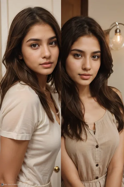 realistic photo of a beautiful women of age 20 to 24 years with brown hairs, influencer, photogenic, light brown eyes, no makeup, Instagram, indian girl 