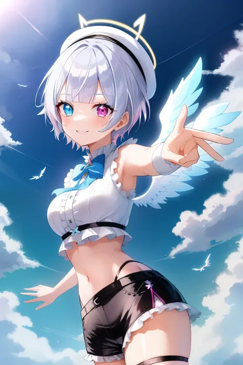 2d, masterpiece, best quality, anime, 1girl, solo, dynamic pose, cowboy shot, (amemiya nazuna), angel, mini wings, single wing, white hair, heterochromia, blue eyes, pink eyes, frills, white shirt, navel, black shorts, short shorts, thigh strap, halo, smil...