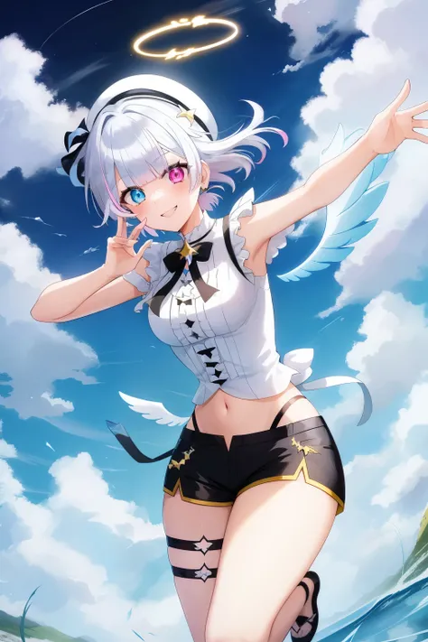 2d, masterpiece, best quality, anime, 1girl, solo, dynamic pose, cowboy shot, (amemiya nazuna), angel, mini wings, single wing, white hair, heterochromia, blue eyes, pink eyes, frills, white shirt, navel, black shorts, short shorts, thigh strap, halo, smil...