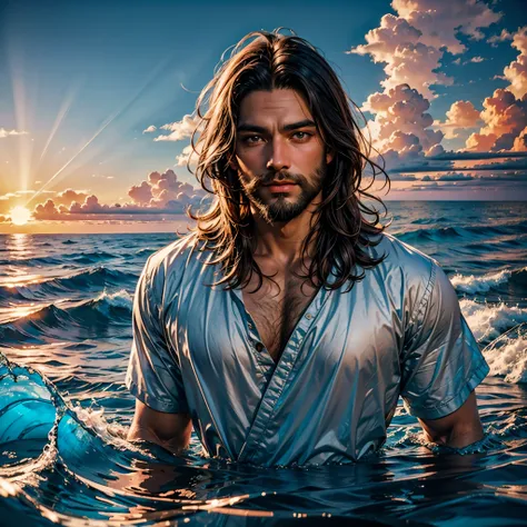 sunset spacious sunrise sunshine, a handsome god jesus christ ( jesus) blessing to the sky 35 years old with a long brown hair a...