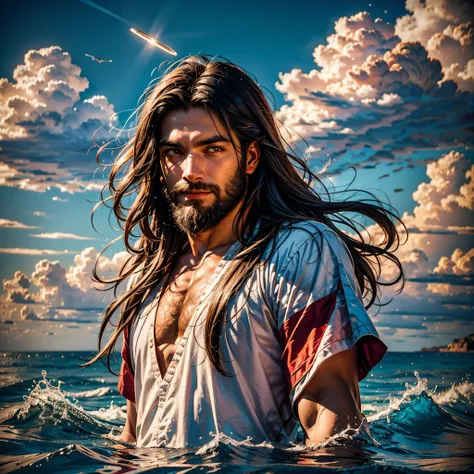 sunset spacious sunrise sunshine, a handsome god jesus christ ( jesus) blessing to the sky 35 years old with a long brown hair a...