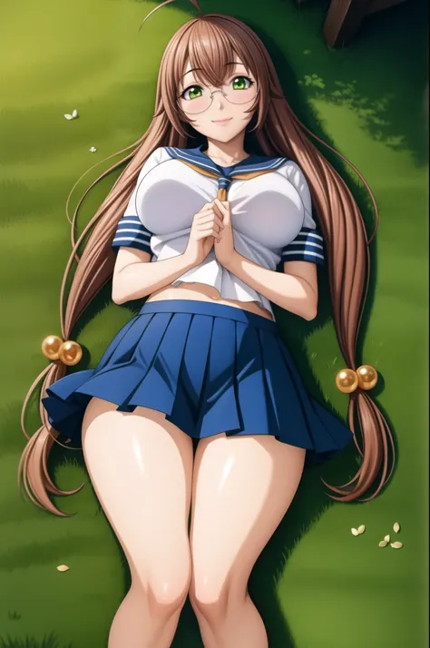 perfect eyes:1.2, detailed eyes:1.4, ahoge, nature, grass, lying, rubygentokuwz, twintails, brown hair, smile, skindentation, tight clothes, blush, nature, glossy skin, very long hair, green eyes, school uniform, serafuku, pleated skirt, blue skirt, hair o...