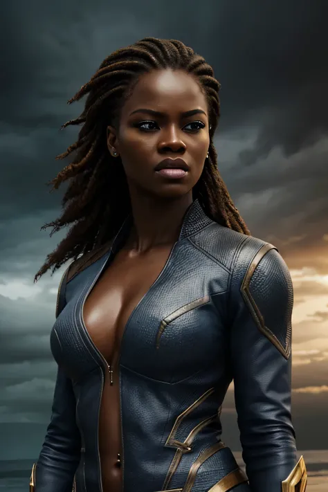 masterpiece, best quality, realistic, photorealistic, half body shot of Storm, African woman, marvel cinematic, detailed face, 8k, uhd, sharp focus