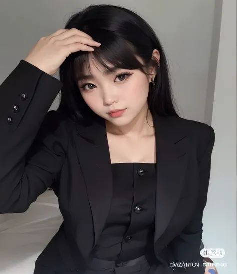 arafed asian woman in a Traje Preto posing for a picture, cruel korean goth girl, Ulzzang, garota de terno, vestindo um terno preto nobre, ela tem cabelo preto com franja, garota de terno, wearing black business suit, com preto, wearing Traje Preto, black ...