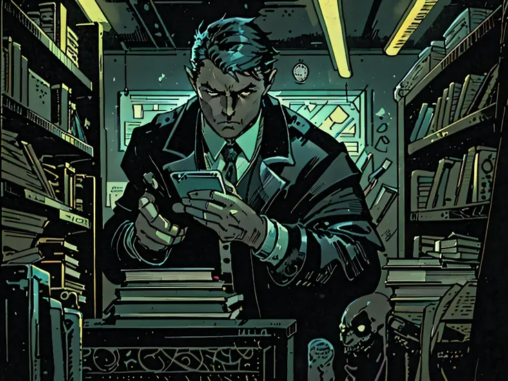 A detective with a phone in his hand in a dark room with several books on the shelf and the night atmosphere invading