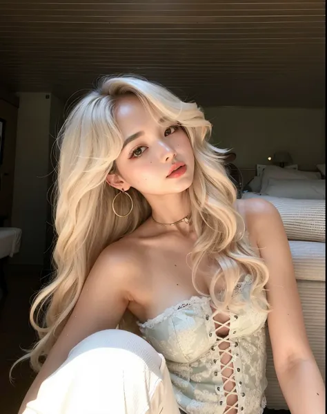 Mulher loira em lingerie branca posando em um espelho, Parque Roseanne do Blackpink, Heonhwa Choe, Menina coreana jovem bonita, TaeJune Kim, com longos cabelos loiros, Menina coreana jovem bonita, com longos cabelos brancos, Mulher sul-coreana bonita, Meni...