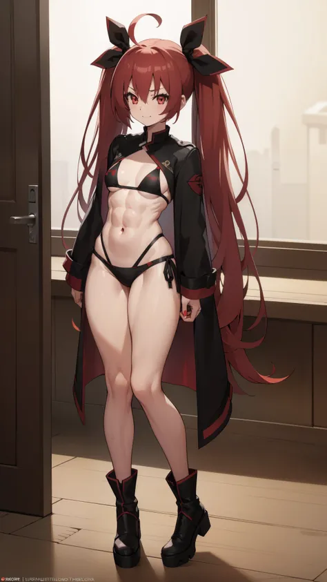 (((1 girl))), Kotoriitsuka, Kotori Itsuka, Long hair, (red eyes: 1.5), red hair, ahoge, (flat chest: 1.2), with a lollipop in her mouth,
BREAK (wearing a very sexy short bikini), twintails, hair ribbon, black ribbon, muscular thighs, well defined body, mus...