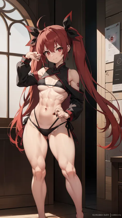 (((1 girl))), Kotoriitsuka, Kotori Itsuka, Long hair, (red eyes: 1.5), red hair, ahoge, (medium chest: 1.2), with a lollipop in her mouth,
BREAK (wearing a very sexy short bikini), twintails, hair ribbon, black ribbon, muscular thighs, well defined body, m...