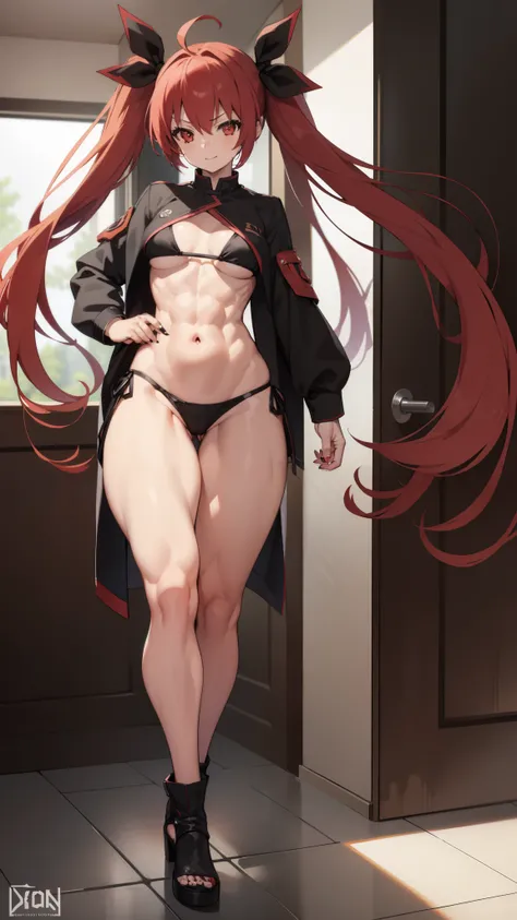 (((1 girl))), Kotoriitsuka, Kotori Itsuka, Long hair, (red eyes: 1.5), red hair, ahoge, (medium chest: 1.2),
BREAK (wearing a very sexy short bikini), twintails, hair ribbon, black ribbon, muscular thighs, well defined body, muscular belly,
looking at the ...