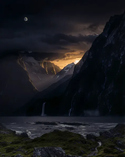 mountains and a pond with a waterfall in the middle, Mark Adams, New Zealand, Ryan Dyar, Max Reeve, Moonlight, Awesome and gloomy, epic and amazing, Moonlight, Mystical setting, matte painting ”, matte painting”, Johannes Foss, inspired by Michal Karcz, At...