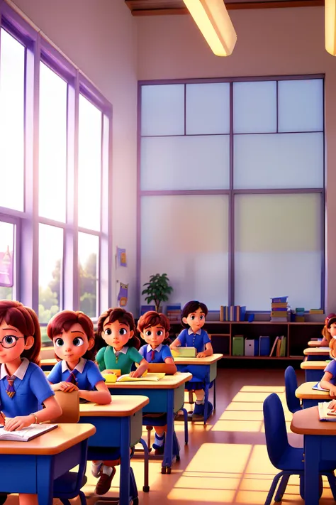 An enchanting interior image of a collegiate classroom in Pixar style, brimming with anticipation as children in bright school uniforms eagerly sit at their desks, the sunstreams filtering in through the large, colorful windows, casting a warm and welcomin...