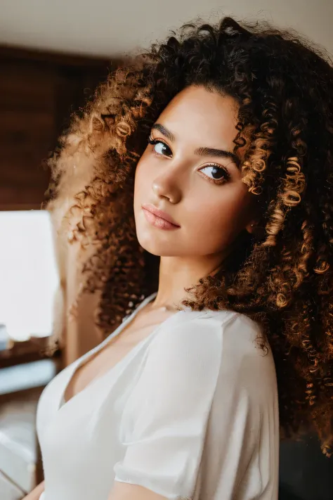 Masterpiece. Best quality, hazel-skinned young woman with  curly hair posing for a picture, soft portrait shot 8 k, beautiful young girl, beautiful portrait image, photo of a beautiful woman, perfect face and eyes, gorgeous face portrait, beautiful young w...