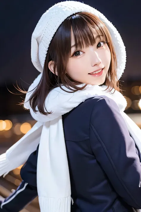 head shot、highest quality,masterpiece,ultra high definition digital photography，solo portrait，one woman，wear a slim coat，Wear a hat、wearing a scarf，(look back:1.5)，smile，snowy night exterior，flat body、slim、cute、change、white skin、round face、Very adorable li...