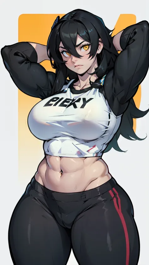 sad girl muscular girl thick girl pale skin girl black hair girl yellow eyes girl midriff navel abs massive breasts girl long hair hair between eyes leggings tight shirt (thick thick)