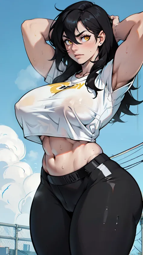 sweaty sad girl muscular girl thick girl pale skin girl black hair girl yellow eyes girl midriff navel abs massive breasts girl long hair hair between eyes leggings tight shirt (thick thick)