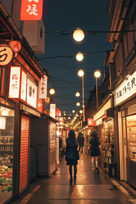 tokyo in the background, night, lights everywhere, girls staying in the alley