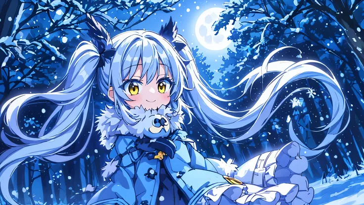 It&#39;s snowing((Some photos)).In the cold winter forest with wind blowing　It&#39;s snowing　Beautiful girl with long light blue hair　twin tails　adorable smile　warm yellow down coat　A big big owl watches over the girl　beautiful moonlit night　The stars twin...