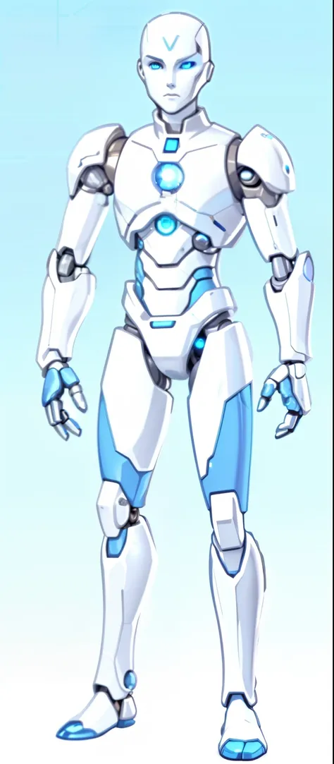 A humanoid robot of advanced design, with a silver metal casing and electric blue details. His head is spherical with blue LED eyes and a central light on his chest. It has segmented arms with visible joints and detailed hands. The legs are slender and str...