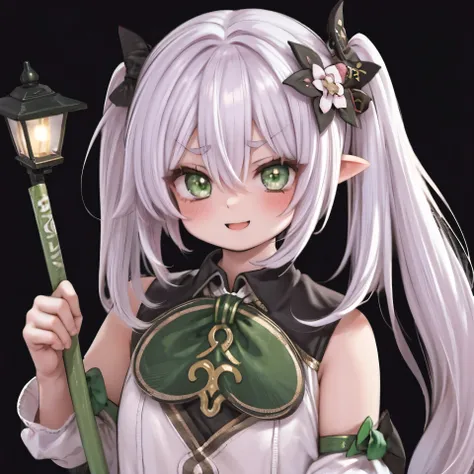 1 girl, happiness, holds a bat in his hands, swing, blood on the bat, night, street lighting, (1 girl:1.3), One, hair ornament, Bang,a gift,White hair,low ponytail,hair between eyes,long hair,hair flower, green_eyes,V-shaped eyebrows, blush, smile. Happy