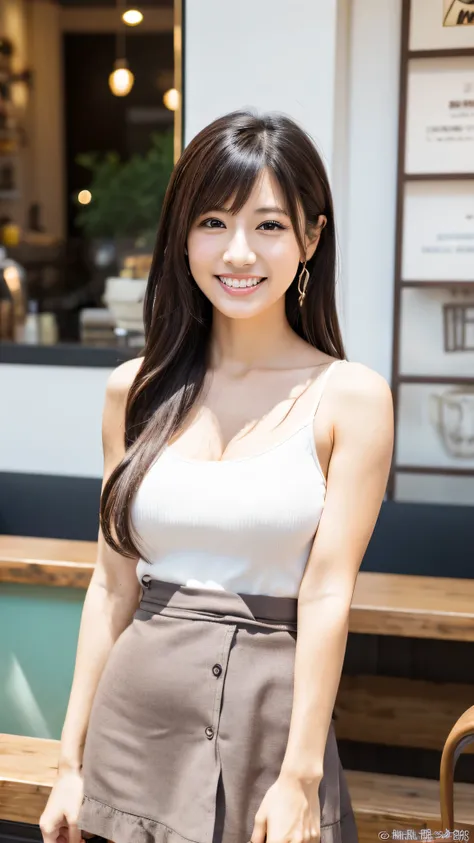 Highest resolution, 4K, Masterpiece: 1.3), A Japanese milf, photo of one lady, Sexy, fine eyes, Slender figure, Realistic teeth, double eyelids, full body, best quality, detailed, at the cafe, mini skirt