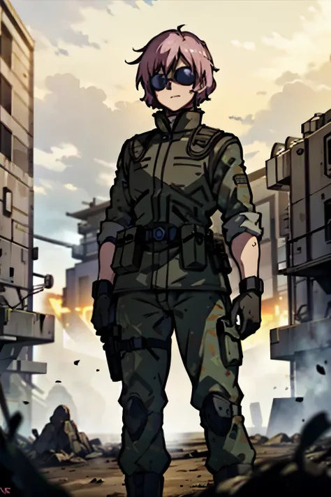 male commando with very short pale pink hair, wearing black military combat gear, sunglasses and tactical helmet, standing outsi...