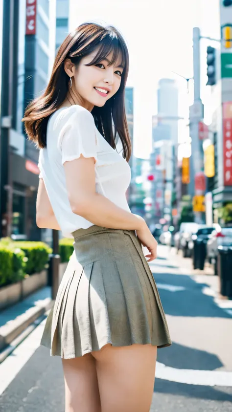 Highest resolution, 4K, Masterpiece: 1.3), A Japanese milf, photo of one lady, Sexy, fine eyes, Slender figure, Realistic teeth, double eyelids, full body, best quality, detailed, at the city, pleated skirt