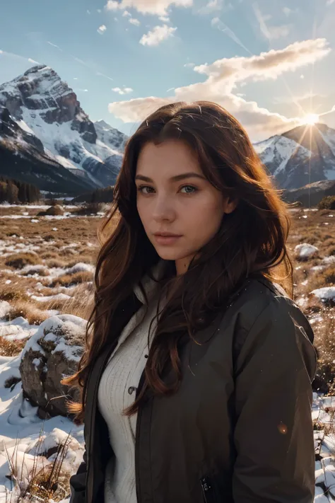 uma fotografia de uma mulher ruiva com cabelos varridos pelo vento, her hair tangled like flames against a sunlit sky with snowy mountains in the background, emanating indomitable beauty