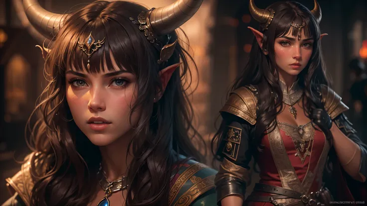 A tiefling brunette with long hair with bangs, Realistic, many details, Medieval fantasy theme, full body, princess face, body set. Reflection light, high details, best quality, 16k, [ultra detailed], masterpiece, best quality, (extremely detailed), close ...