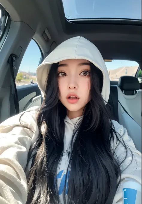 a closeup of a woman in a car wearing a hoodie, cerveza madison, bella poarch, sentada en su auto, ava max, black haired chica con sudadera con capucha, chica con sudadera con capucha, Kylie Jenner, :: cerveza madison, en una capuchaie, en una capucha, cer...