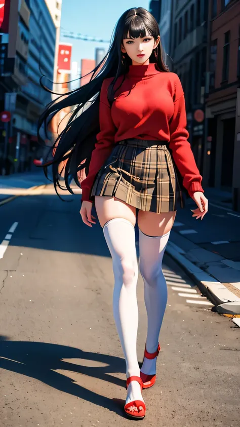 Full body image, Persona 4 Yukiko Amagi, long black hair, narrow face, , Double eyelids, Wearing plaid skirt, red sweater with a shirt under, white sandals, white knee high stockings, Looking at Viewer, (Detailed Face), standing (standing 1.4), Bust, Long ...