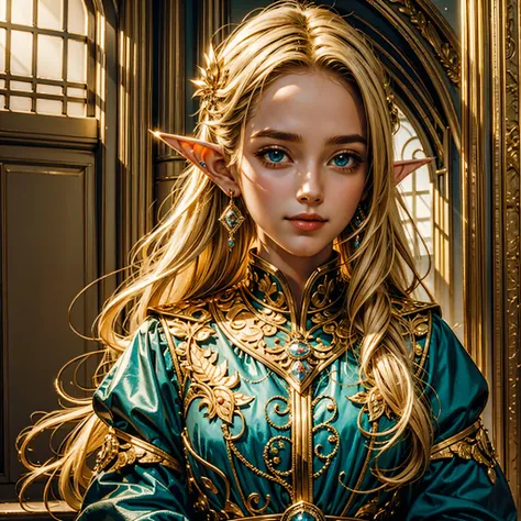 ((masterpiece, best quality, detailed)), 1girl, colerful lighting, deedlit, elf, Blond long Hair, looking at viewer, cute, Portrait