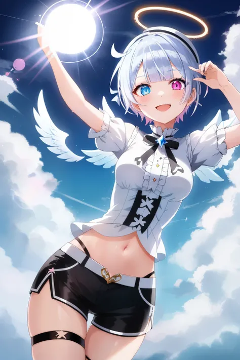 2d, masterpiece, best quality, anime, 1girl, solo, dynamic pose, cowboy shot, (amemiya nazuna), angel, mini wings, single wing, white hair, heterochromia, blue eyes, pink eyes, frills, white shirt, navel, black shorts, short shorts, thigh strap, halo, smil...