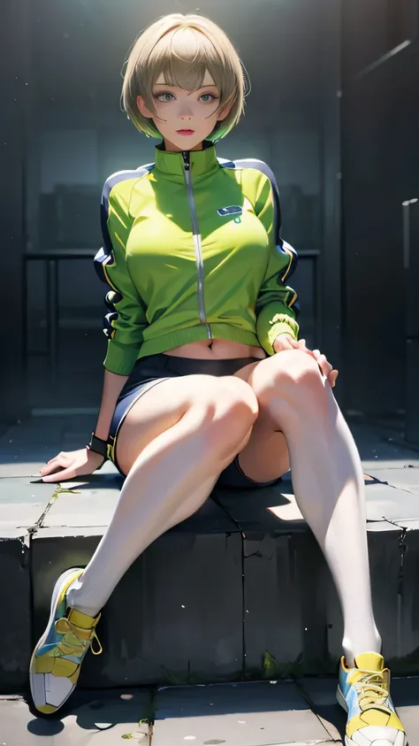 Full body image, Persona 4 Chie Satonaka, light brown very short bob hair, round face, , Double eyelids, Wearing torn mini-shorts, green track suit top, tennis shoes, white knee high stockings, Looking at Viewer, (Detailed Face), sitting (sitting 1.4), Bus...