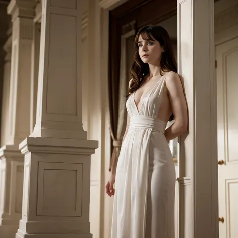 pale skin Zoey Deschanel standing on a pedestal, muscular body, white toga, cleavage