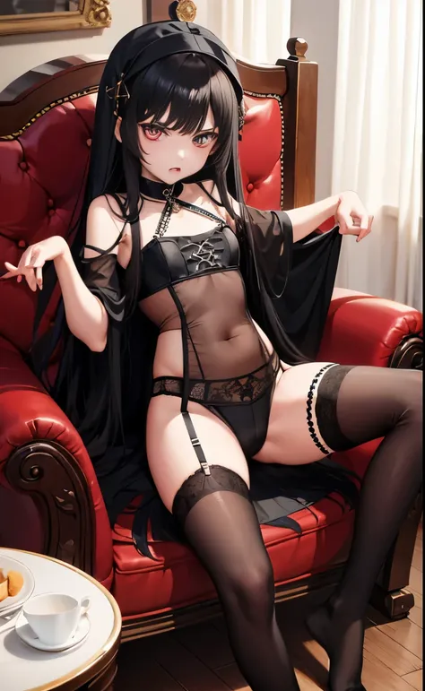 Mastrpice detalhado , Loli girl  child infant body  , very long black hair frinje  , angry face  , seios planos nun   , black lingerie   long socks  , sit armchair 
 Very open legs , mansion , 