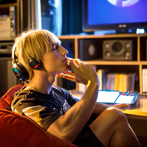 Teenage blond boy listening to music 