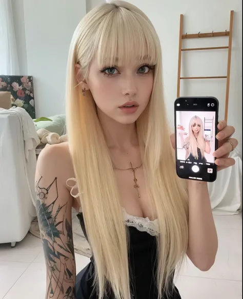 mulher loira com cabelos longos segurando um celular para tirar uma foto, longos cabelos brancos e franja, long hair com franja completa, long hair com franja, ava max, retrato de Kim Petras, cabelo loiro extremamente claro, com cabelos loiros muito longos...