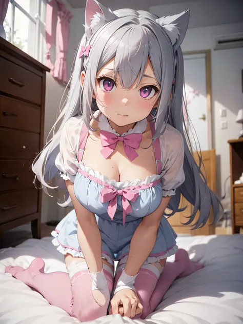 gray hair，cat ear，pink eyes，light blue lolita，white tights，pink bow，in the room，kneeling on the bed