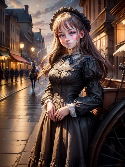 (masterpiece), best quality, expressive eyes, perfect face,a girl smiles towards the camera in a wonderful sunny day. her smile is cheerful but contained and reserved, Victorian era posing in front of a period building, night, street lights, people along t...