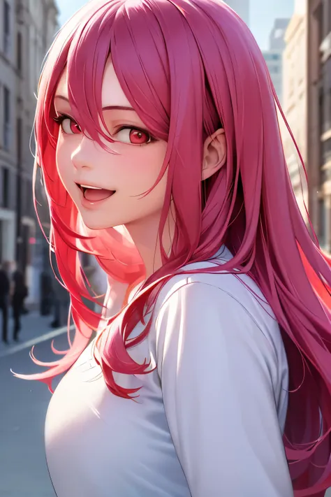 1girl, ((best quality)), ((masterpiece)), ((realistic)), (detailed), (perfect face), beautiful women, nevy blue jaket, white shirt, pure happy, smile, open mouth, pink hair, long hair, hair between eyes, red eyes, attractive, building background