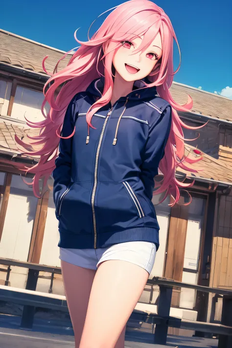 1girl, ((best quality)), ((masterpiece)), ((realistic)), (detailed), (perfect face), beautiful women, nevy blue jaket, white shirt, pure happy, smile, open mouth, pink hair, long hair, hair between eyes, red eyes, attractive, low angle, building background