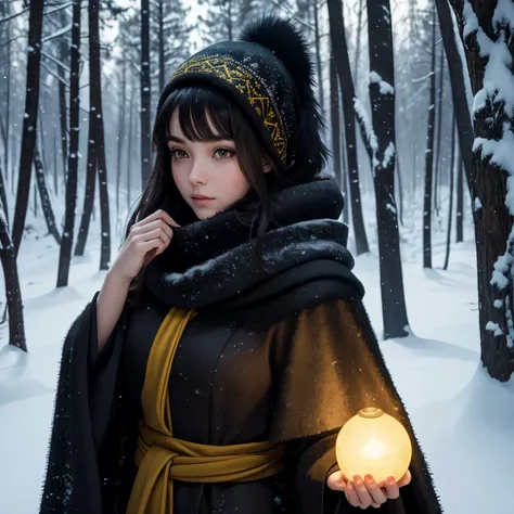 Beautiful girl with dark hair and a long dark cloak in a snowy dark forest. Near her are black wolves. She has a yellow light in her hand and a Ukrainian red scarf on her head.. 