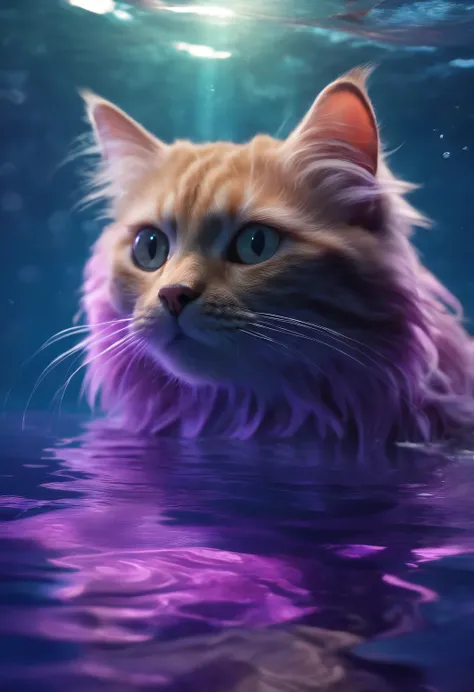 underwater, Sea, purple, pink, Cat, Cat swimming, (shape: 1.0), great composition, realistic lighting, HD details, masterpiece, highest quality, (8k wallpaper that integrates high-definition CG)