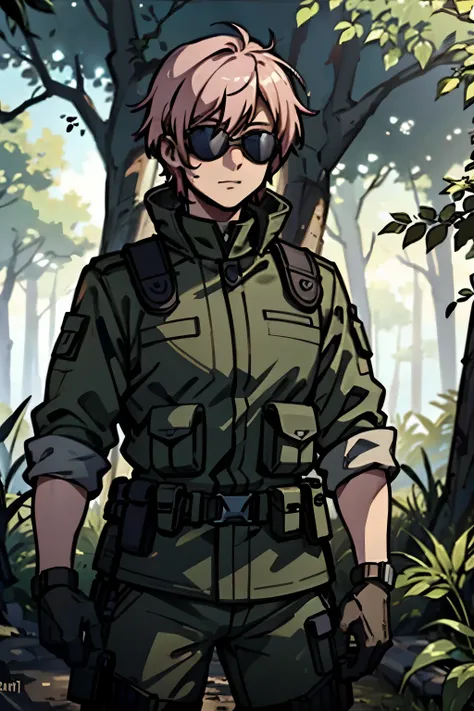 male commando with very short pale pink hair, wearing dark black military combat gear, sunglasses and tactical helmet, standing ...