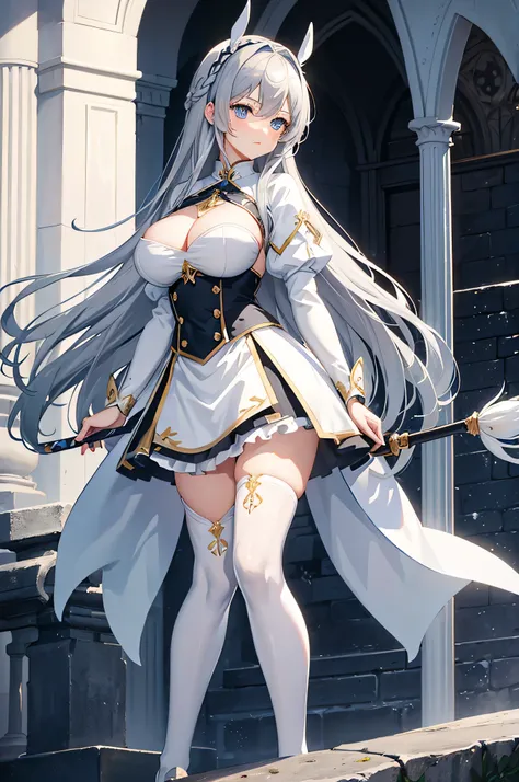 4K,High resolution,one woman,gray hair,long hair,blue eyes,big breasts,knight,white bunny girl clothes,High leg,black tights,White transparent skirt,白色のknightのグローブ,Long sword,medieval castle