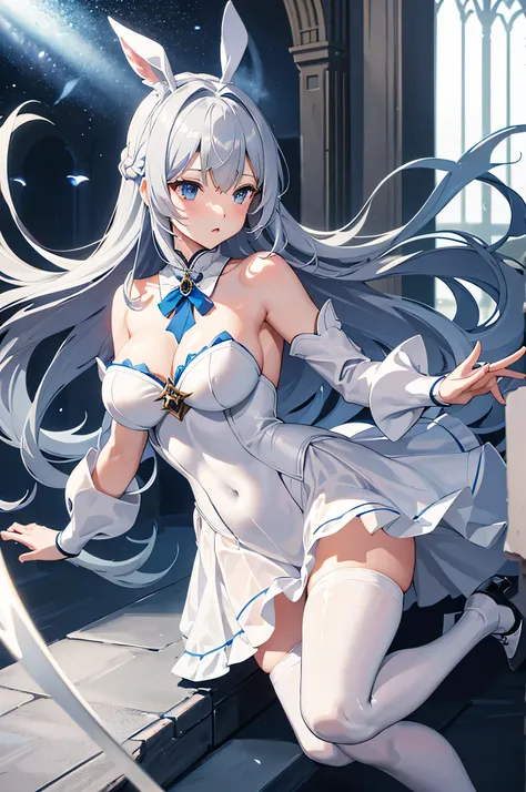 4K,High resolution,one woman,gray hair,long hair,blue eyes,big breasts,knight,white bunny girl clothes,High leg,black tights,White transparent skirt,白色のknightのグローブ,Long sword,medieval castle