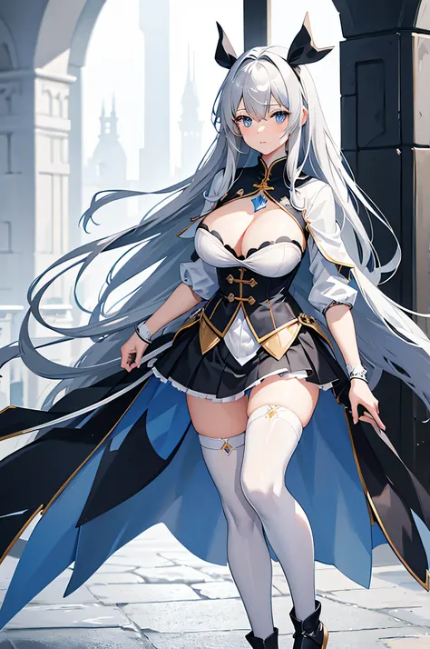 4K,High resolution,one woman,gray hair,long hair,blue eyes,big breasts,knight,white bunny girl clothes,High leg,black tights,White transparent skirt,白色のknightのグローブ,Long sword,medieval castle