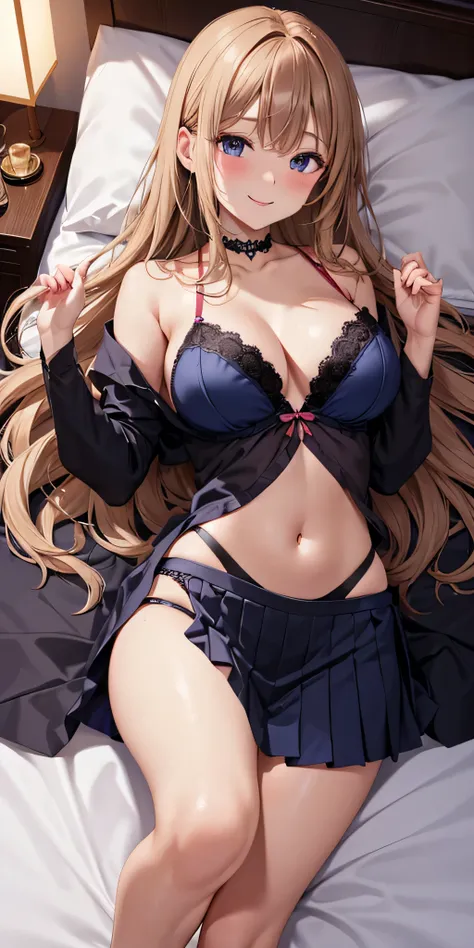 debris flies, highest quality, Highly detailed CG Unity 8K wallpaper, sexy witch , long dark blonde wavy hair、off shoulder knit, dark blue pleated skirt, stockings、medium breasts, saggy breasts, Pose that emphasizes the chest, blush, shy smile, bare should...